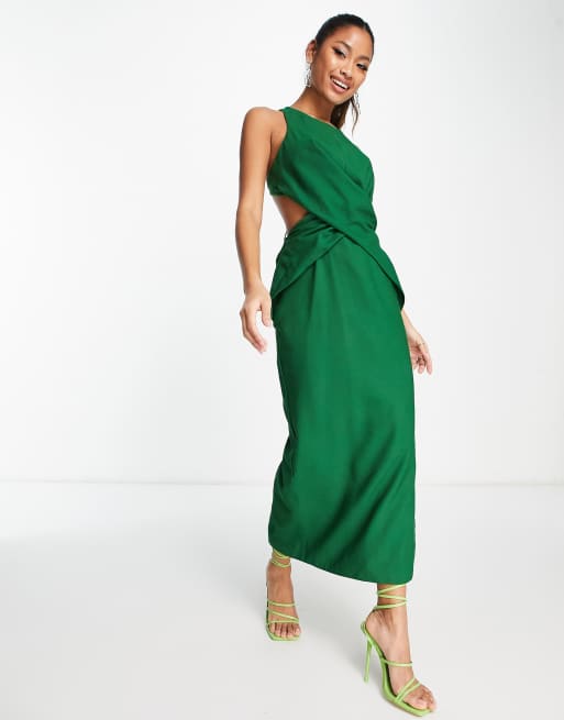 ASOS DESIGN halter midi dress with wrap waist detail in washed fabric in  dark green