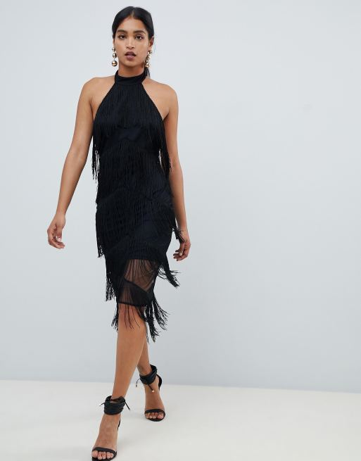 Asos black cheap fringe dress