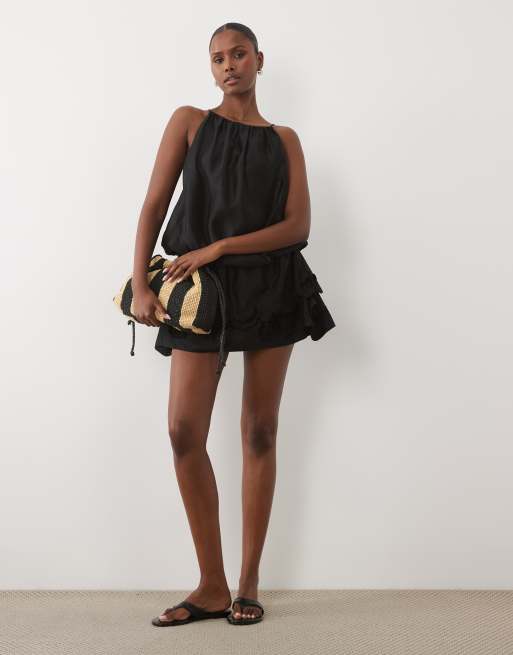 ASOS DESIGN halter mini dress with applique flower hem in black, 2 of 4