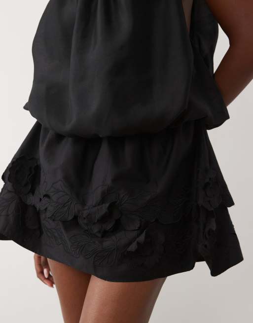 ASOS DESIGN halter mini dress with applique flower hem in black, 4 of 4