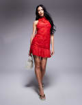 [ASOS DESIGN] ASOS DESIGN halter mini dress with dropped waist peplum and tie back in red S Red