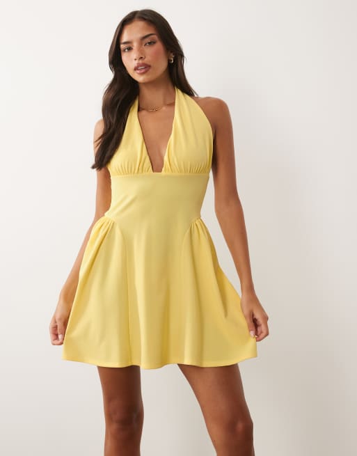 ASOS DESIGN halter mini dress with gathered sides in buttermilk, 3 of 4
