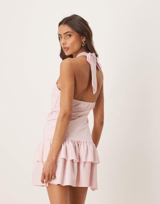 ASOS DESIGN halter mini dress with rara skirt in baby pink