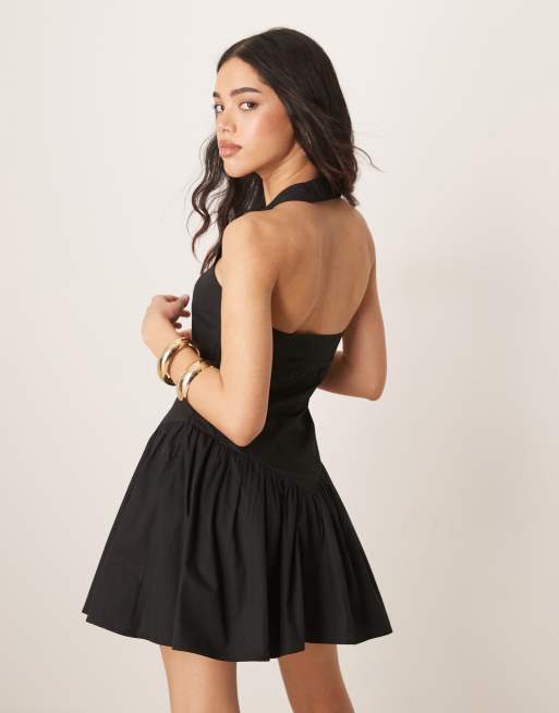 ASOS DESIGN halter mini dress with ruffle hem in black