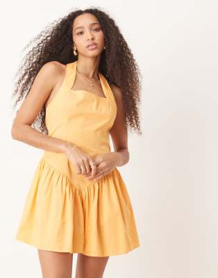 ASOS DESIGN halter mini dress with ruffle hem in tangerine