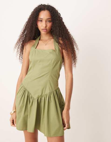 ASOS DESIGN halter mini dress with ruffle hem in washed khaki - view 1