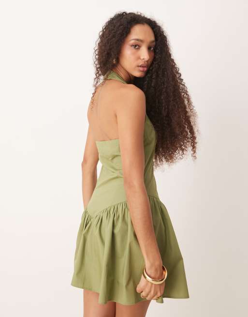 ASOS DESIGN halter mini dress with ruffle hem in washed khaki
