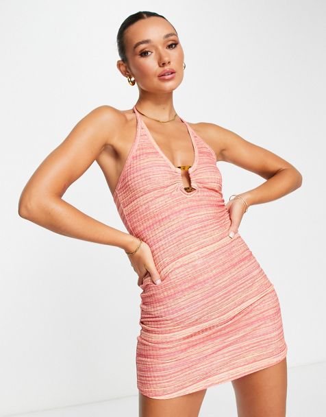 Abercrombie & Fitch criss cross halter strap mini dress in pink