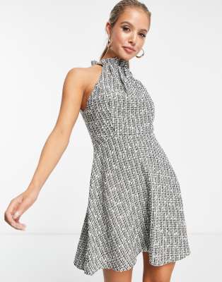 Asos Design Halter Mini Sculpted Dress In Khaki Boucle-green