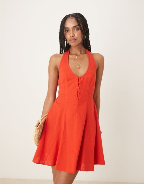 ASOS DESIGN halter mini sundress with godet hem in red - view 1