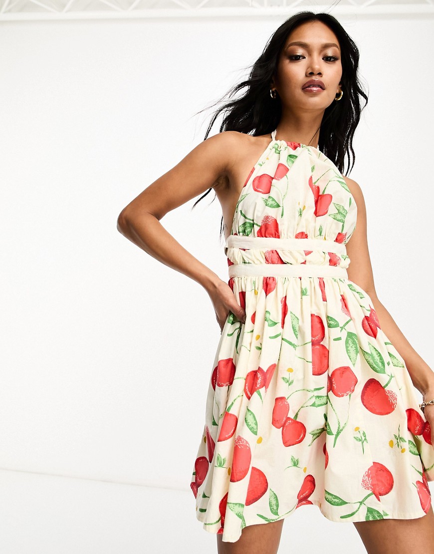ASOS DESIGN halter mini sundress with strappy back in cherry print-Multi