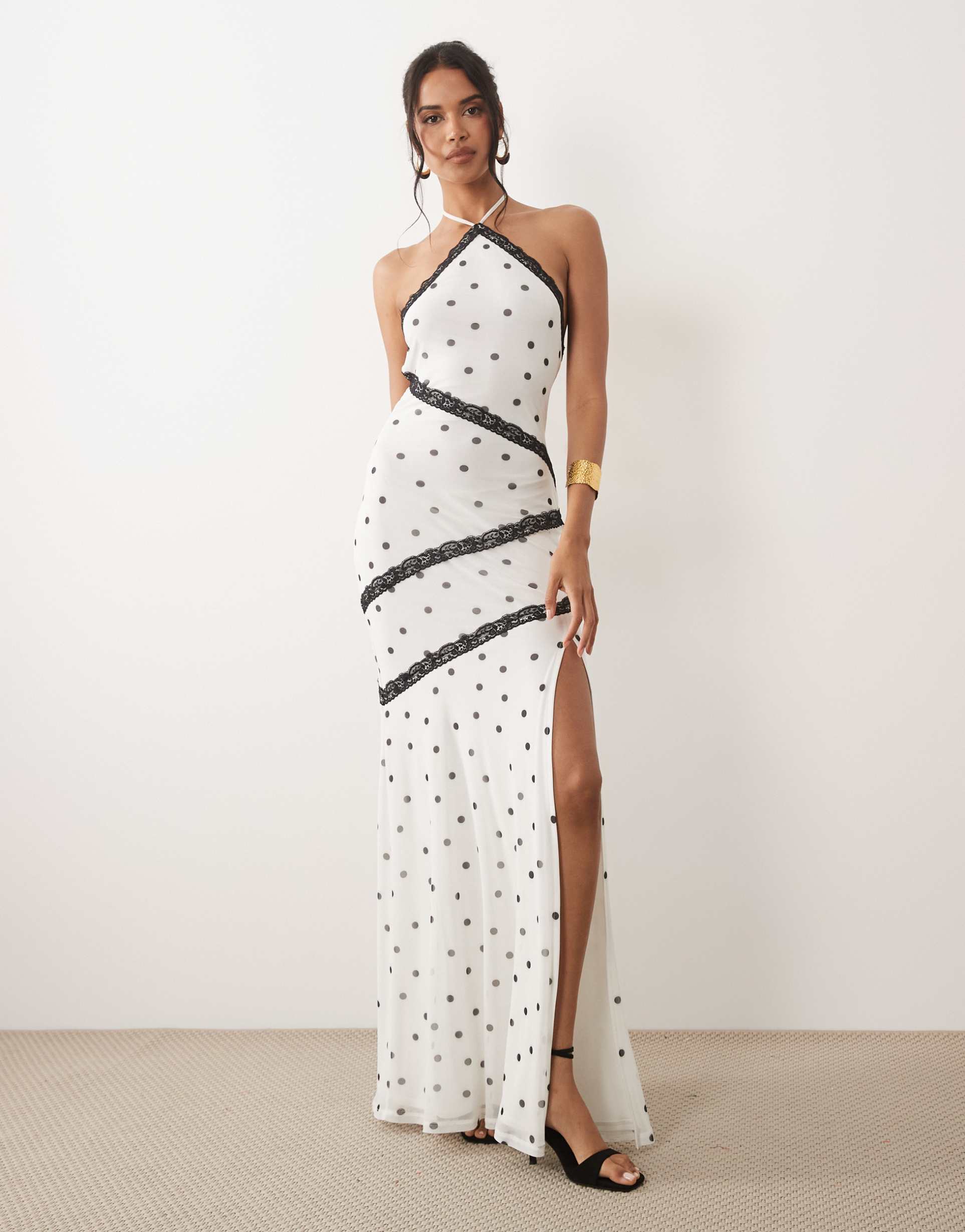 asos design halter mixed polka dot maxi dress in white