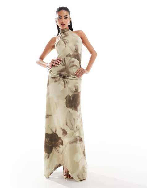 ASOS DESIGN halter neck asym hem midi dress in smokey floral - view 1
