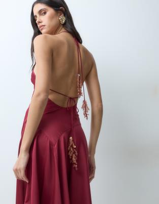 Asos Design Halter Neck Asymmetric Hem Maxi Dress With Embellished Tie Ends In Burgundy