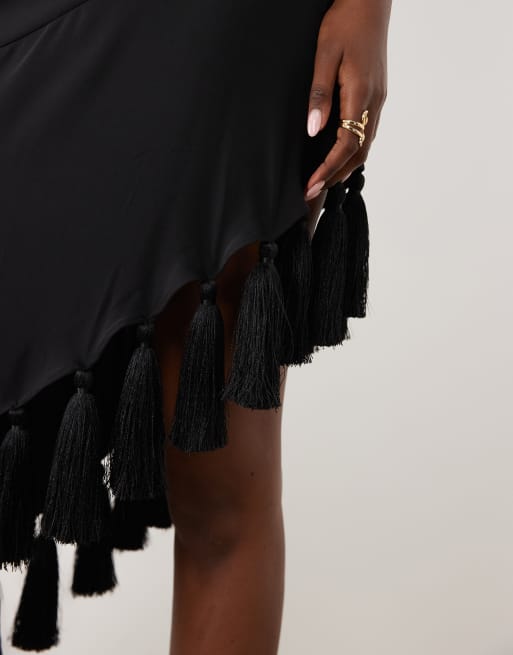 ASOS DESIGN halter neck asymmetric midi dress with tassel hem in black, 4 of 4