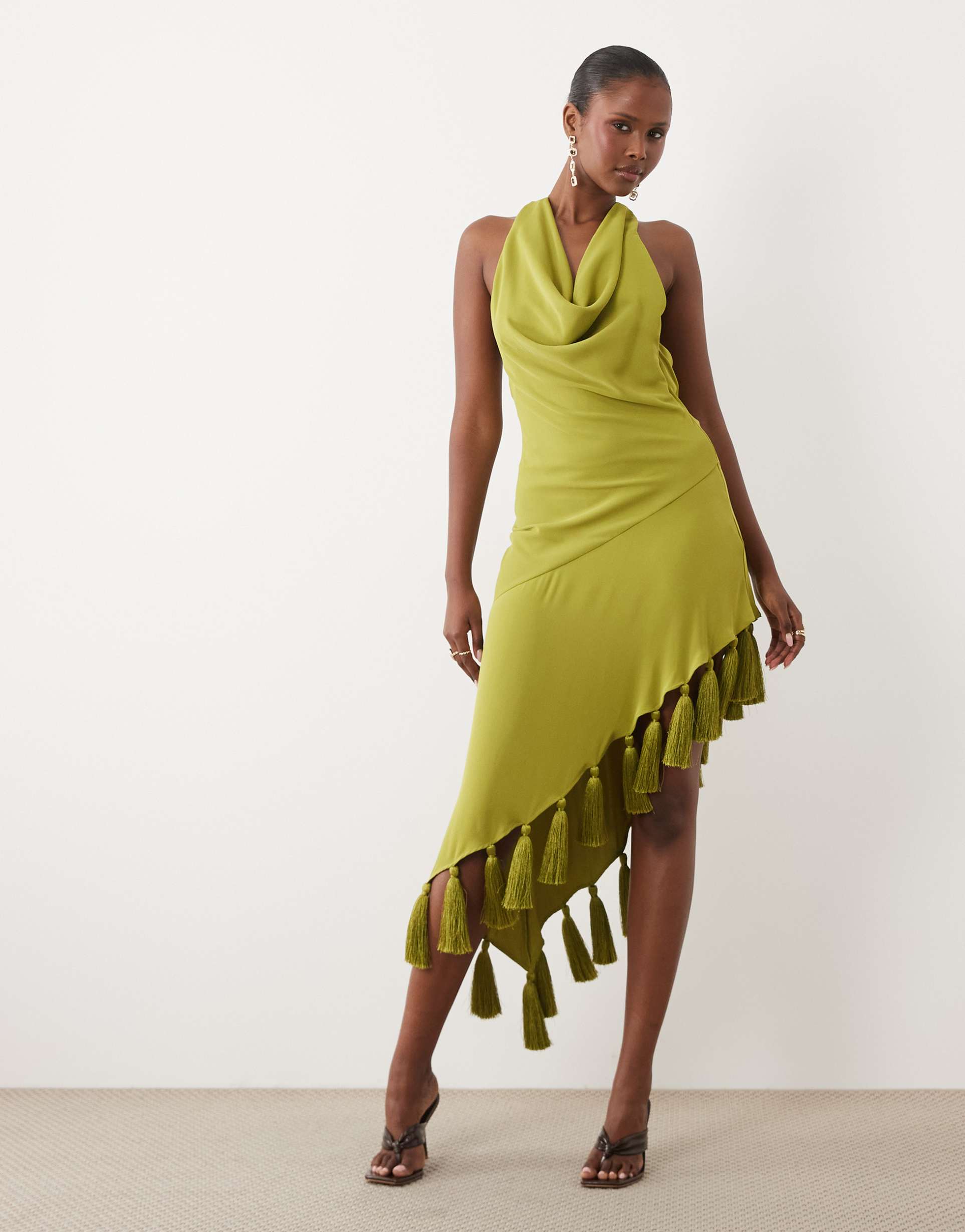 asos design halter neck asymmetric midi dress with tassel hem in olive green
