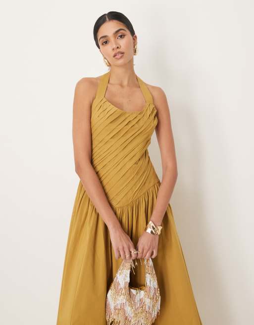 ASOS DESIGN halter neck asymmetric pleat bodice midi dress with dropped waist in turmeric