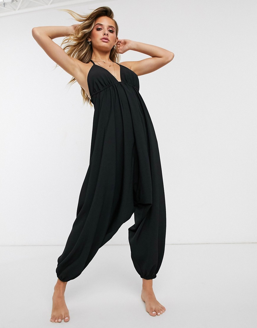 ASOS DESIGN halter neck beach harem jumpsuit in crinkle chiffon-Black