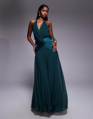 Asos Design Halter Neck Beaded Straps Paneled Maxi Wrap Dress With Semi Sheer Godets In Green