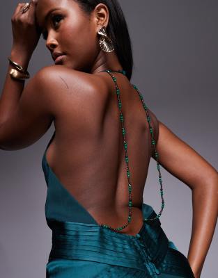 Asos Design Halter Neck Beaded Straps Paneled Maxi Wrap Dress With Semi Sheer Godets In Green