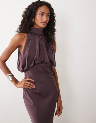 Asos Design Halter Neck Blouson Satin Maxi Dress In Purple