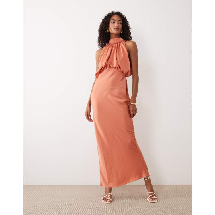 ASOS Design halter neck blouson satin maxi dress in copper-Multi