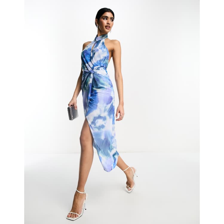 ASOS DESIGN halter neck bodycon midi dress in blue smudge print