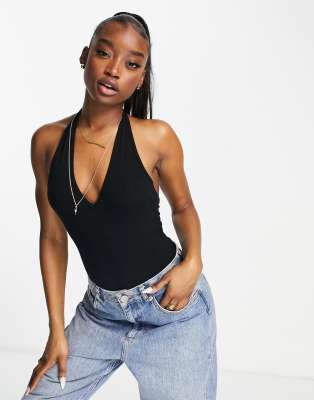 Black Halter Neck Bodysuit by Fashion Declare