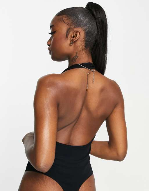 BLACK RIBBED HALTER OPEN-BACK BODYSUIT