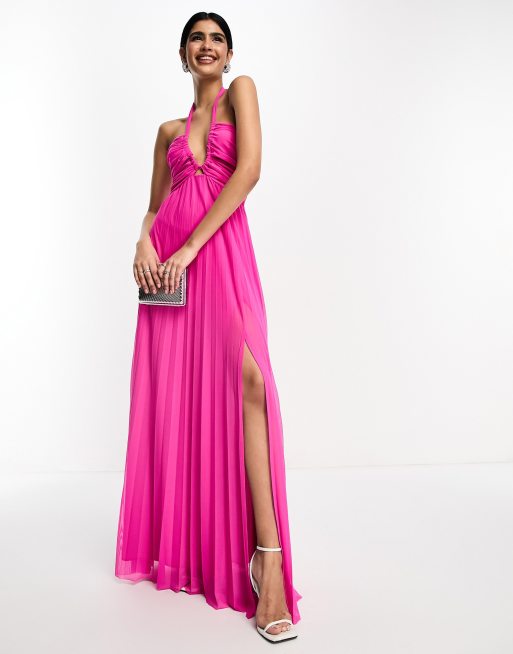 ASOS DESIGN halter neck channel mesh maxi dress in hot pink