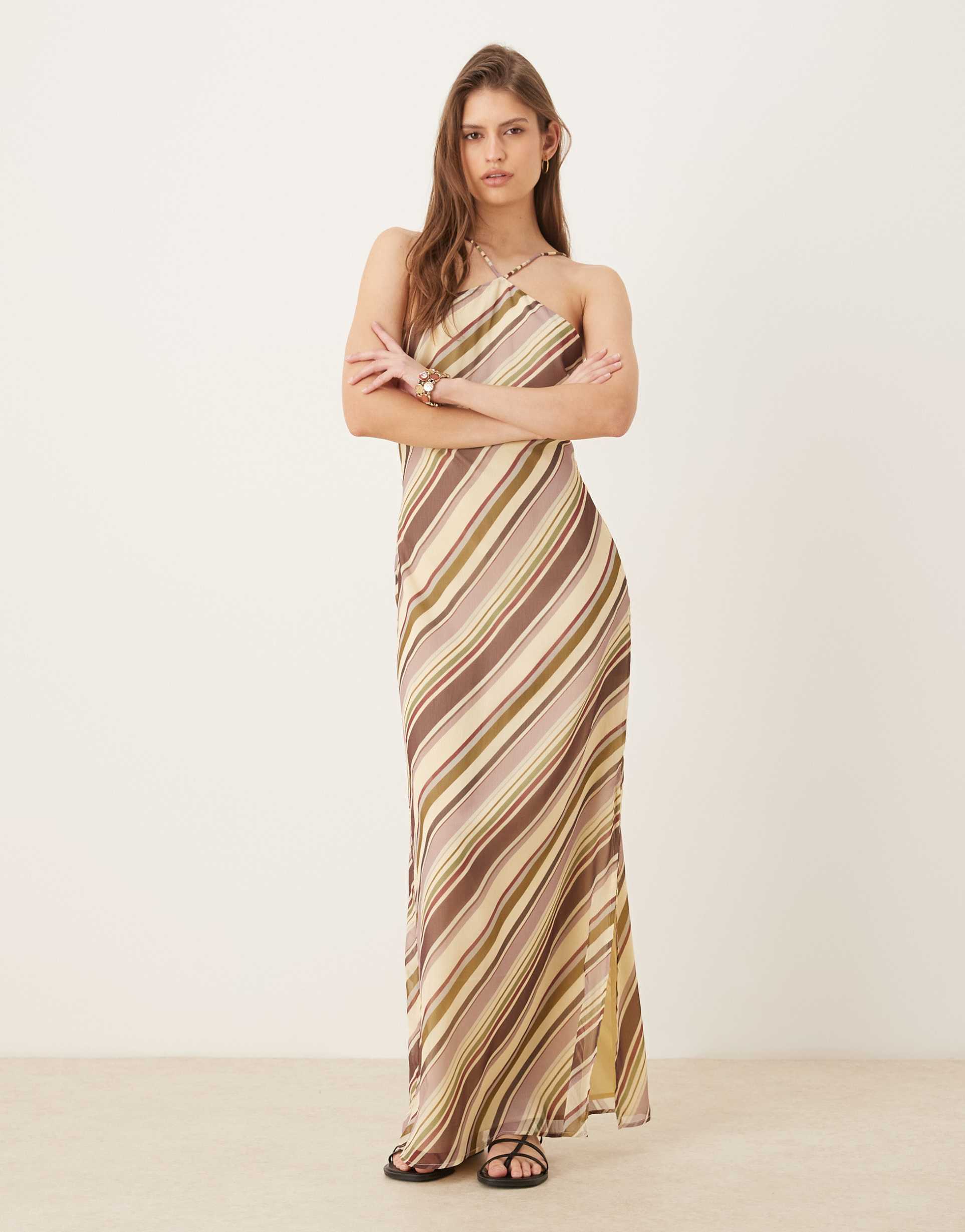 asos design halter neck chiffon maxi dress in multi stripes