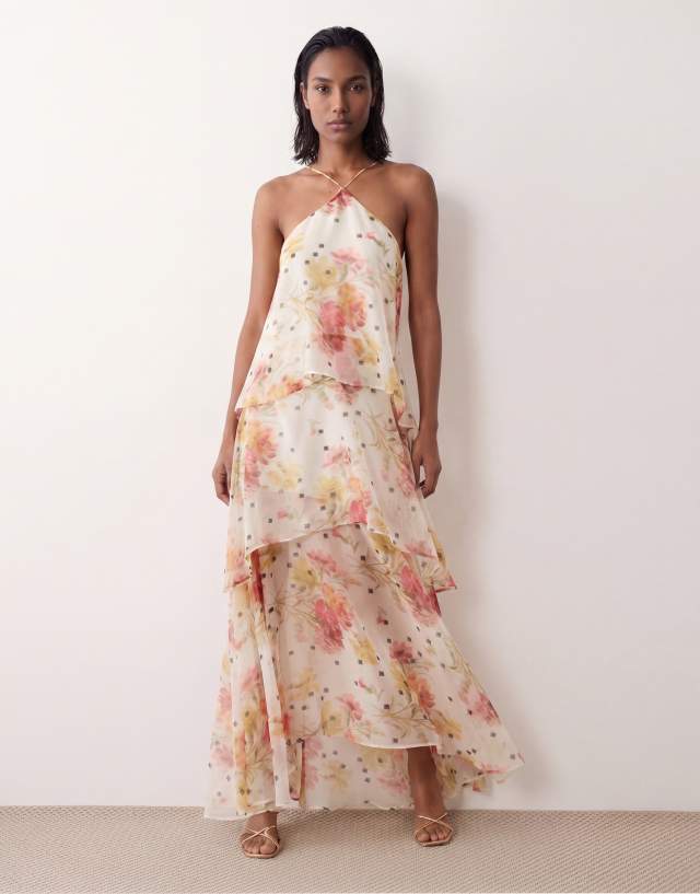 white floral halter maxi dress ASOS DESIGN neck chiffon in pink and print Category_Default Category/The Little Rays Kids Dress Up/The Little Rays Kids Dress Up