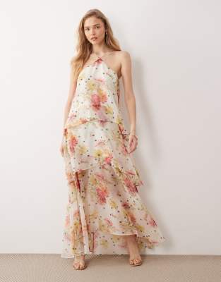 ASOS DESIGN halter neck chiffon midi dress in pink and white floral print |  ASOS