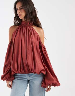Asos Design Halter Neck Cold Shoulder Volume Blouse In Burgundy