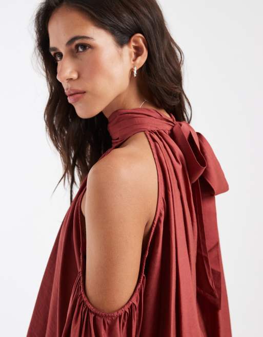 ASOS DESIGN halter neck cold shoulder volume blouse in dusky pink, 2 of 4
