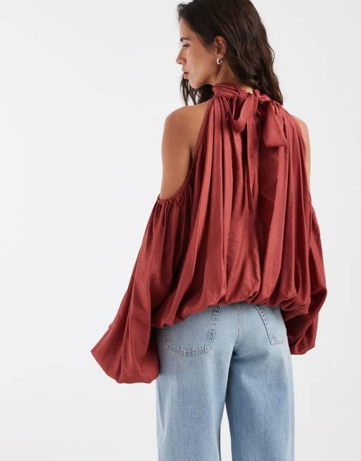 ASOS DESIGN halter neck cold shoulder volume blouse in dusky pink, 4 of 4
