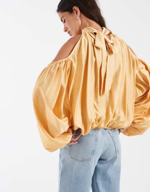 ASOS DESIGN halter neck cold shoulder volume blouse in yellow, 2 of 4