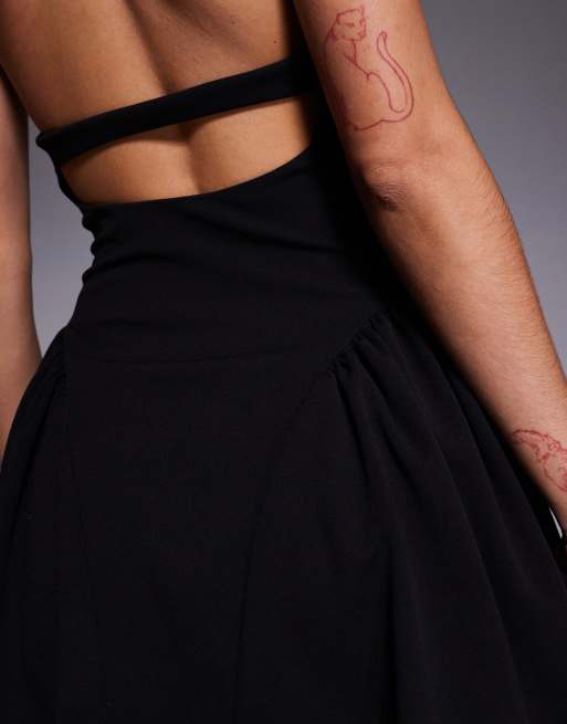 ASOS DESIGN halter neck corset detail mini dress with godets in black, 3 of 4