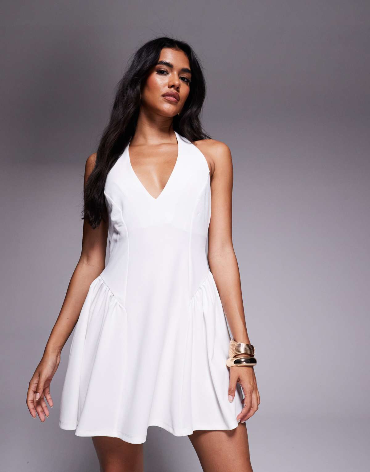 ASOS DESIGN halter neck corset detail mini dress with godets in ivory