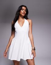 ASOS DESIGN halter neck corset detail mini dress with godets in black