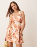 [ASOS DESIGN] ASOS DESIGN halter neck corset detail mini dress with godets in vintage floral print-Multi 14 Vintage floral
