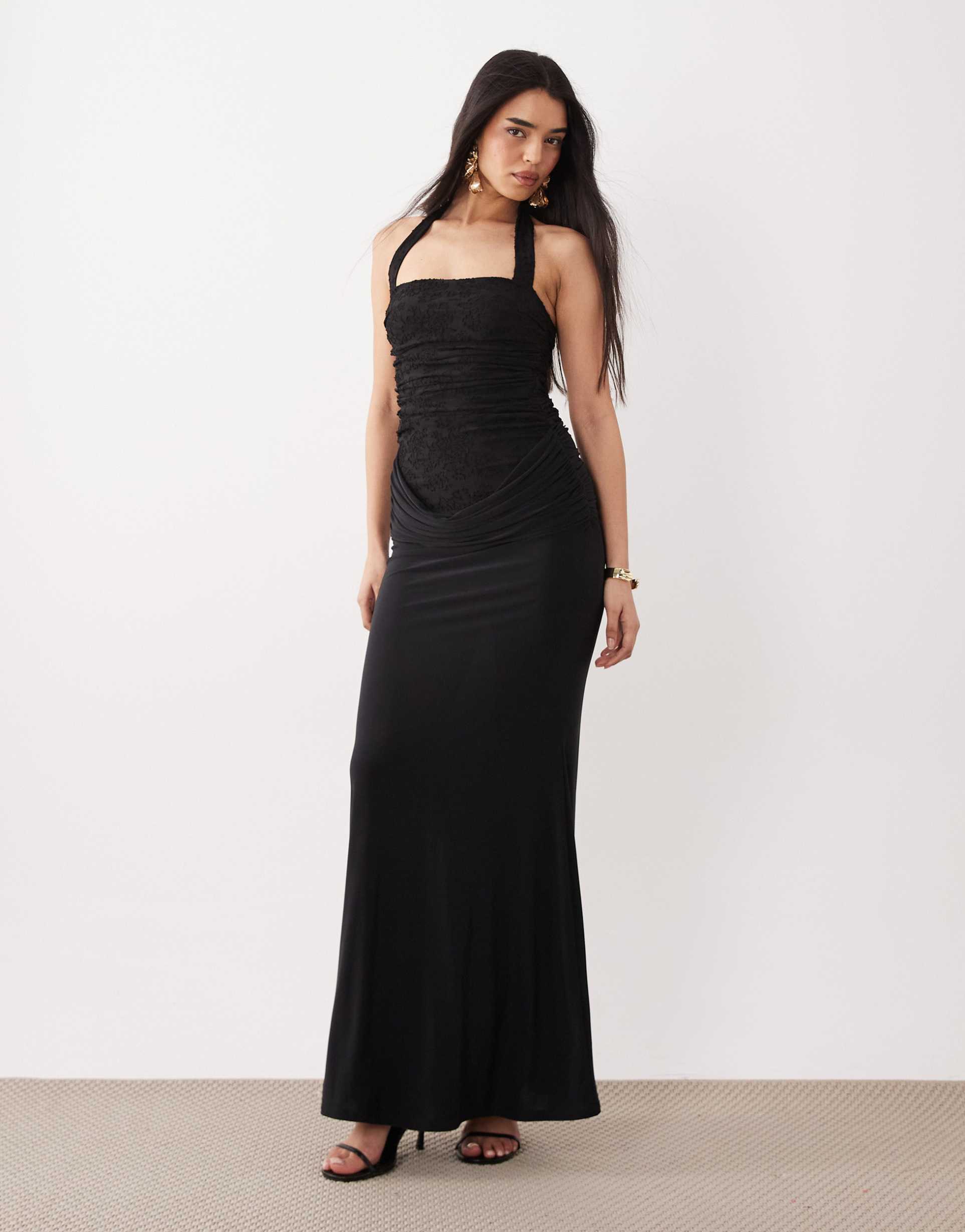 asos design halter neck cowl draped maxi with devore bodice in black