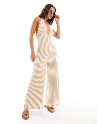 Asos Design Halter Neck Crochet Wide Leg Jumpsuit In Neutral Stripe-multi