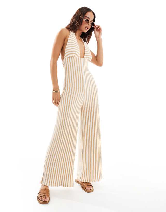 ASOS DESIGN - halter neck crochet wide leg jumpsuit in neutral stripe