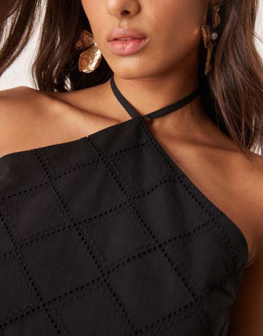 ASOS DESIGN halter neck crop top co-ord with geo cutwork in black, 2 of 4
