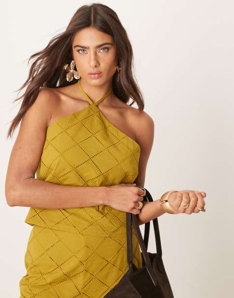 ASOS DESIGN halter neck crop top co-ord with geo cutwork in olive