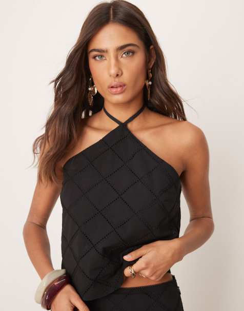ASOS DESIGN halter neck crop top co-ord with geo cutwork in black