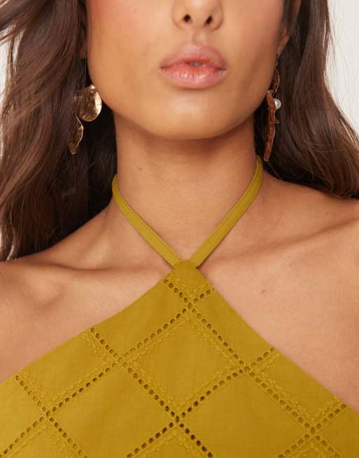 ASOS DESIGN halter neck crop top with geo cutwork in olive - part of a set, 3 of 4