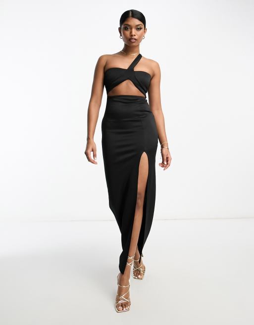 Black Cuff Detail Side Split Midi Dress