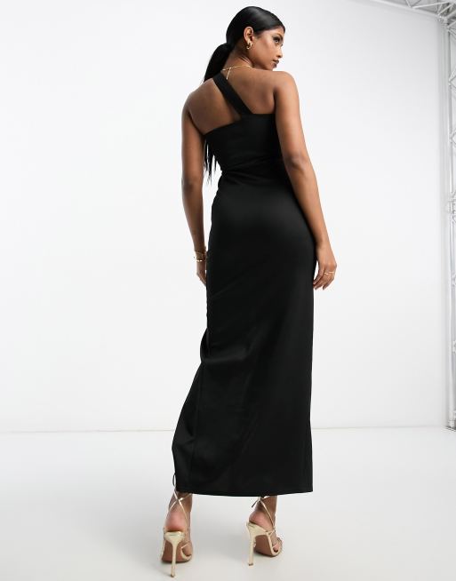 ASOS DESIGN asymmetric cut out mesh midi dress in black